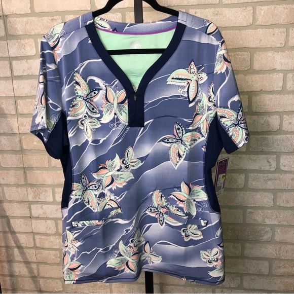 healing hands Tops - Healing Hands Purple Label Yoga Zip V-Neck blue butterfly pattern scrub top